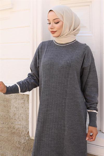 Manşeti Taş Detaylı Triko Elbise Gri 6150