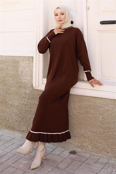Manşeti Taş Detaylı Triko Elbise Kahverengi 6150