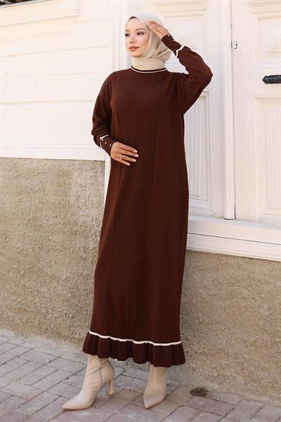 Manşeti Taş Detaylı Triko Elbise Kahverengi 6150
