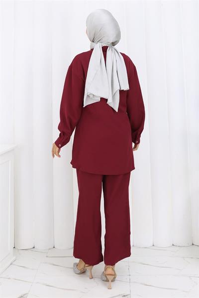 Minimal Taşlı Takım Bordo 19367