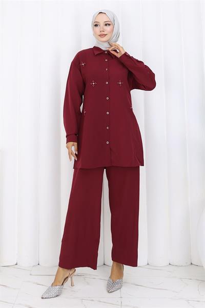 Minimal Taşlı Takım Bordo 19367