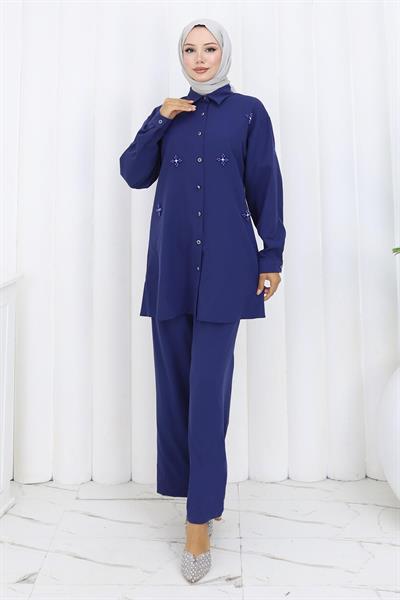 Minimal Taşlı Takım İndigo 19367