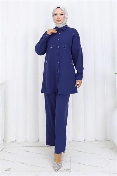 Minimal Taşlı Takım İndigo 19367