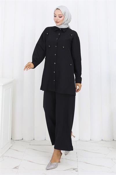 Minimal Taşlı Takım Siyah 19367