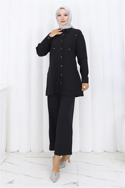 Minimal Taşlı Takım Siyah 19367