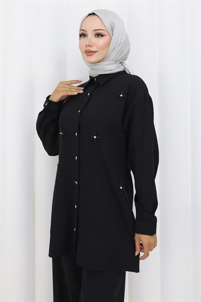 Minimal Taşlı Takım Siyah 19367