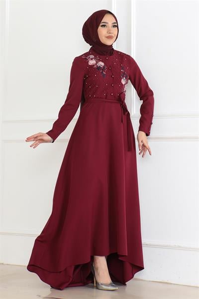 Nakış Detaylı Elbise Bordo 6119