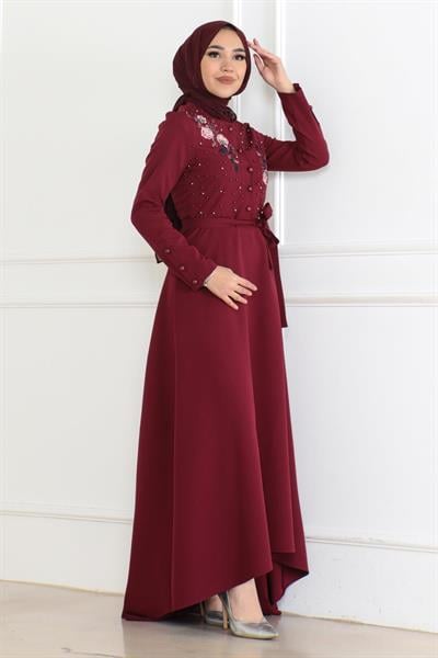 Nakış Detaylı Elbise Bordo 6119