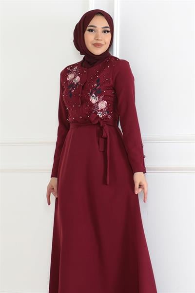 Nakış Detaylı Elbise Bordo 6119
