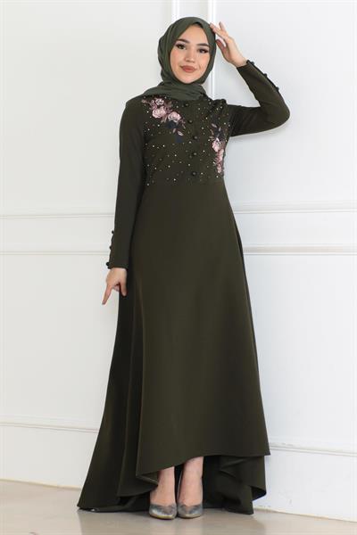 Nakış Detaylı Elbise Haki 6119