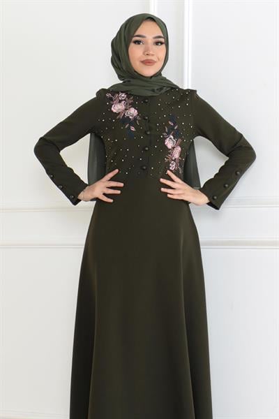 Nakış Detaylı Elbise Haki 6119