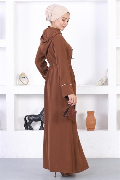 Nakışlı Kapşonlu Ferace Kahverengi 12210