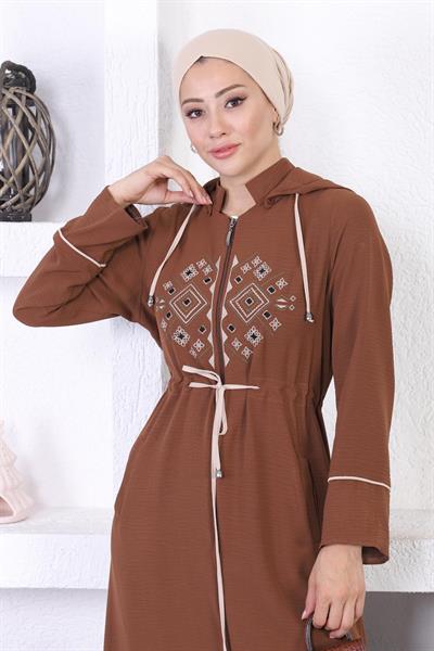 Nakışlı Kapşonlu Ferace Kahverengi 12210