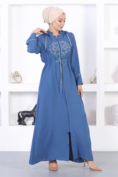 Nakışlı Kapşonlu Ferace Mavi 12210