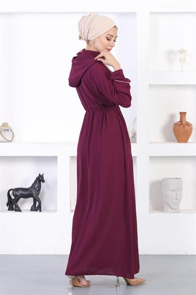 Nakışlı Kapşonlu Ferace Mürdüm 12210