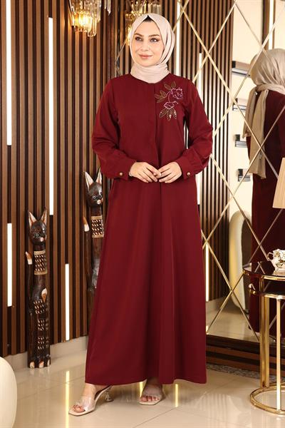 Nakışlı Tesettür Ferace Bordo 10773