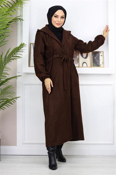 Önden Bağlamalı Kaşe Kaban Kahverengi 19169