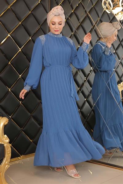 Pileli Taşlı Şifon Abiye İndigo 19154