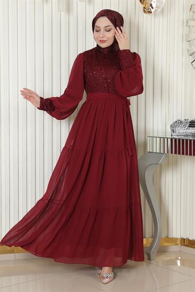 Pulpayetli Şifon Abiye Bordo 19187