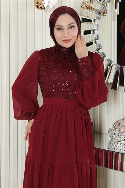 Pulpayetli Şifon Abiye Bordo 19187