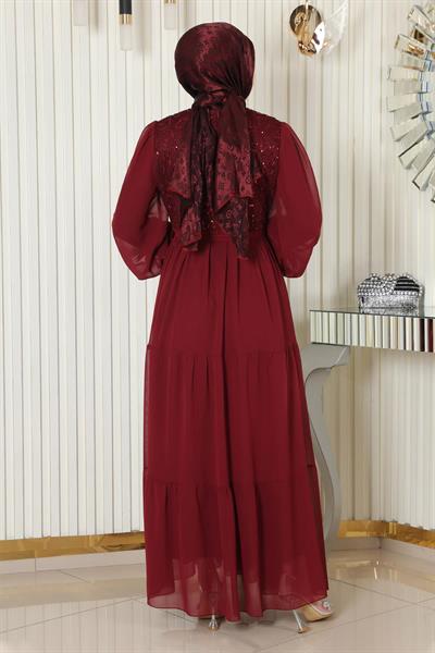 Pulpayetli Şifon Abiye Bordo 19187