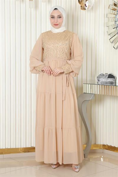 Pulpayetli Şifon Abiye Gold 19187