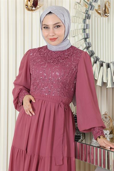 Pulpayetli Şifon Abiye Gül Kurusu 19187