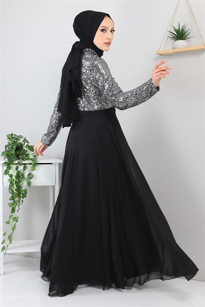 Pulpayetli Şifon Abiye Gümüş 8940