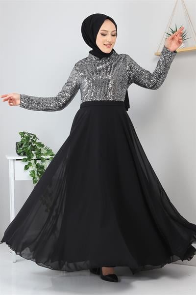 Pulpayetli Şifon Abiye Gümüş MSW8940