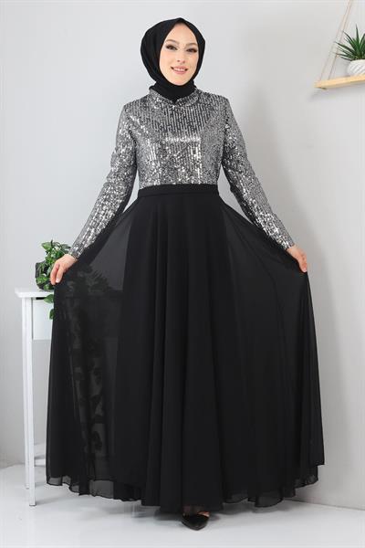 Pulpayetli Şifon Abiye Gümüş MSW8940