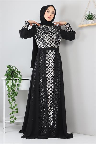 Pulpayetli Şifon Abiye Gümüş MSW9819