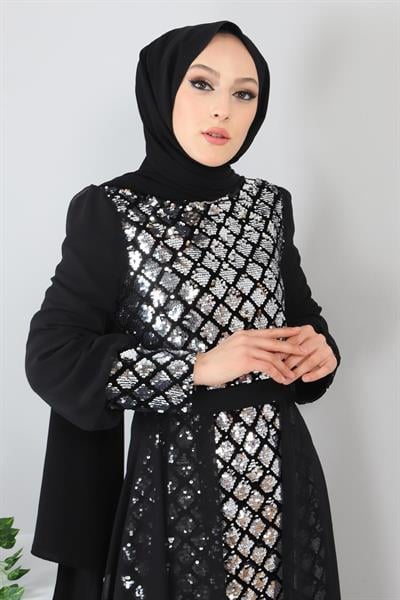 Pulpayetli Şifon Abiye Gümüş MSW9819