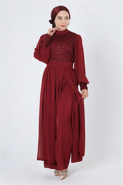 Pulpayetli Şifon Takım Bordo 19190