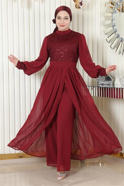Pulpayetli Şifon Takım Bordo MSW19190-2