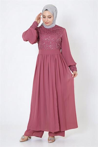 Pulpayetli Şifon Takım Gül Kurusu 19190