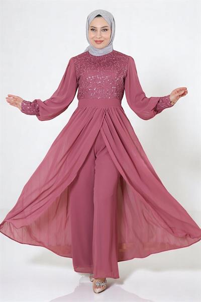 Pulpayetli Şifon Takım Gül Kurusu 19190