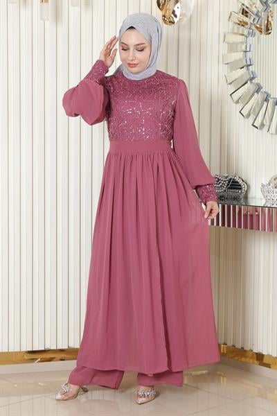 Pulpayetli Şifon Takım Gül Kurusu MSW19190-3