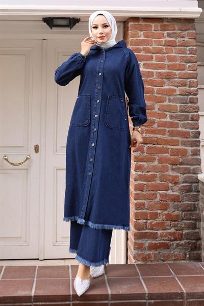 Püskül Detaylı Kot Takım Koyu Mavi 19243