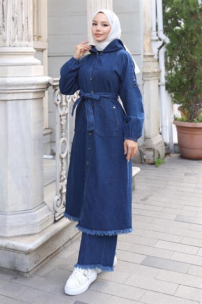 Püskül Detaylı Kot Takım Koyu Mavi 19375
