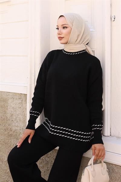 Şerit Detaylı Triko Takım Siyah 6151