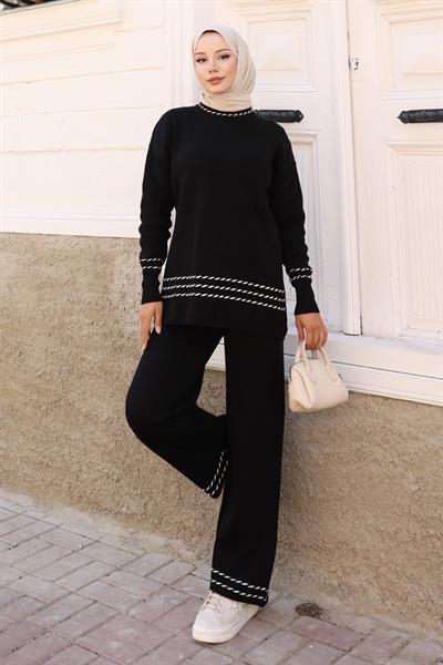 Şerit Detaylı Triko Takım Siyah 6151