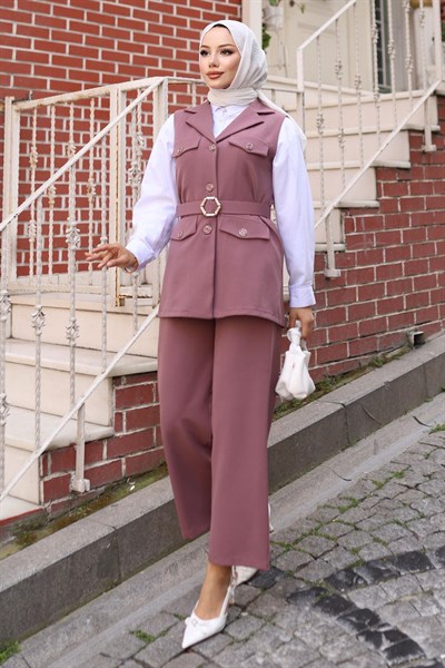 Süs Cep Detaylı Yelekli Takım Gül Kurusu 19249