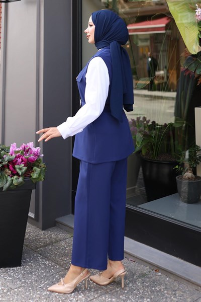 Süs Cep Detaylı Yelekli Takım İndigo 19249