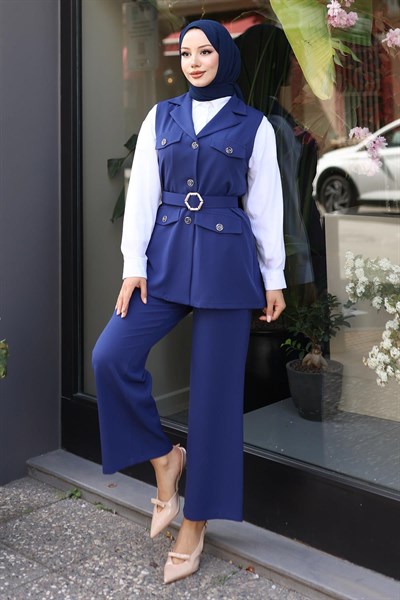 Süs Cep Detaylı Yelekli Takım İndigo 19249