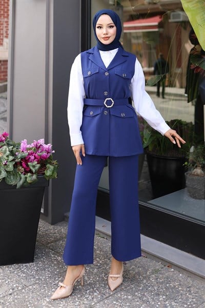 Süs Cep Detaylı Yelekli Takım İndigo 19249