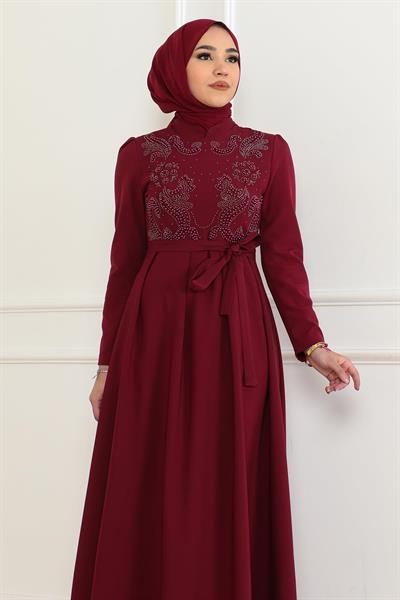Taş Detaylı Elbise Bordo 6134