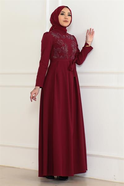 Taş Detaylı Elbise Bordo 6134