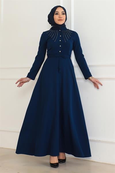 Taş Detaylı Elbise İndigo 6133