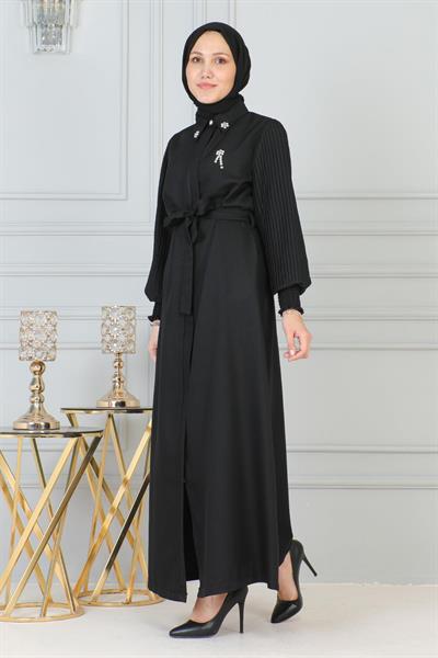 Taş Detaylı Fermuarlı Ferace Siyah 19208