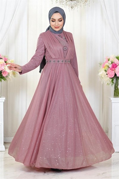 Taş Detaylı Göğsü Drapeli Simli Abiye Gül Kurusu 19188